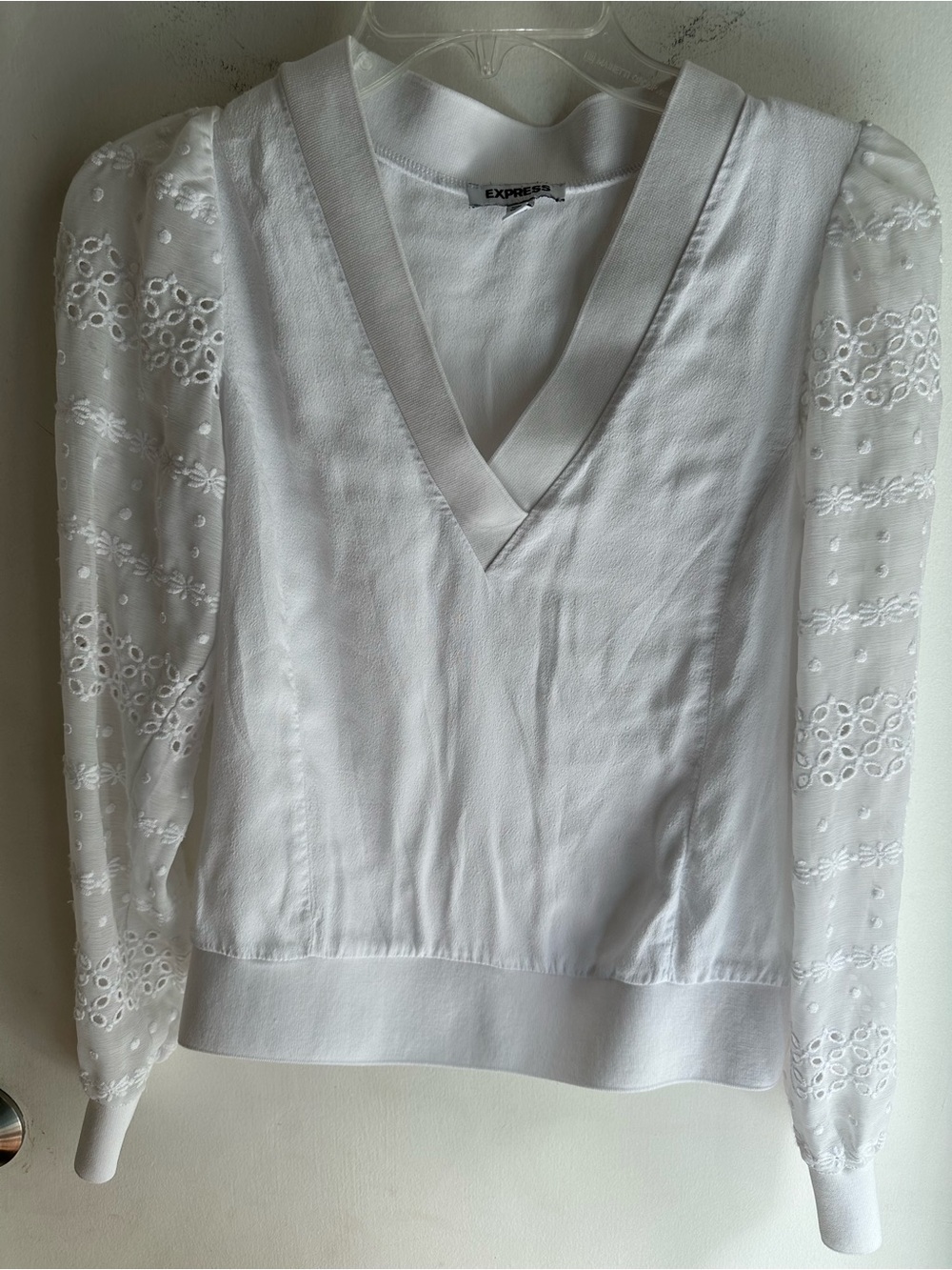 Express Women XS White V Neck Blouse Eyelet Embroidered Sheer Puff Sleeve Boho
